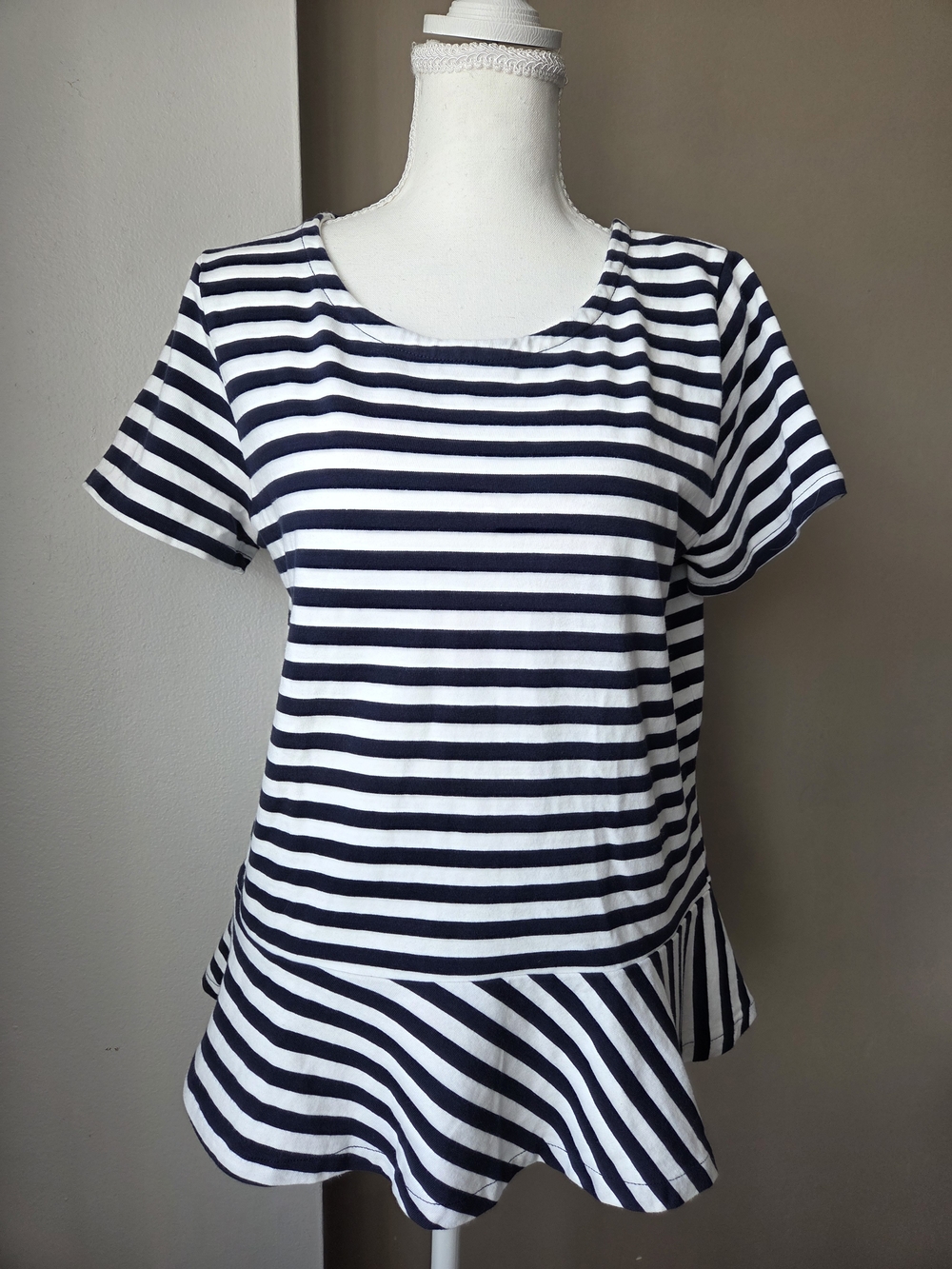 J.Crew Striped Ruffle Hem Cotton Top Navy White Size M